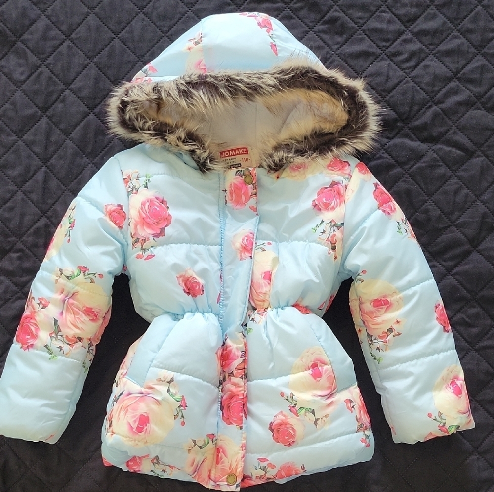 Floral Puffer Jacket with Faux Fur Hood And Polar Inside